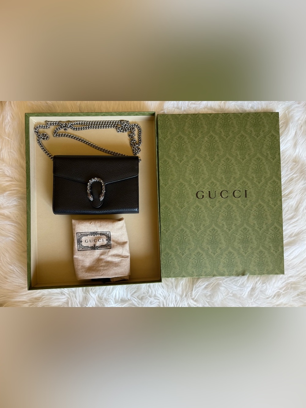 Gucci Black Leather Dionysus Chain Wallet with Silver Hardware